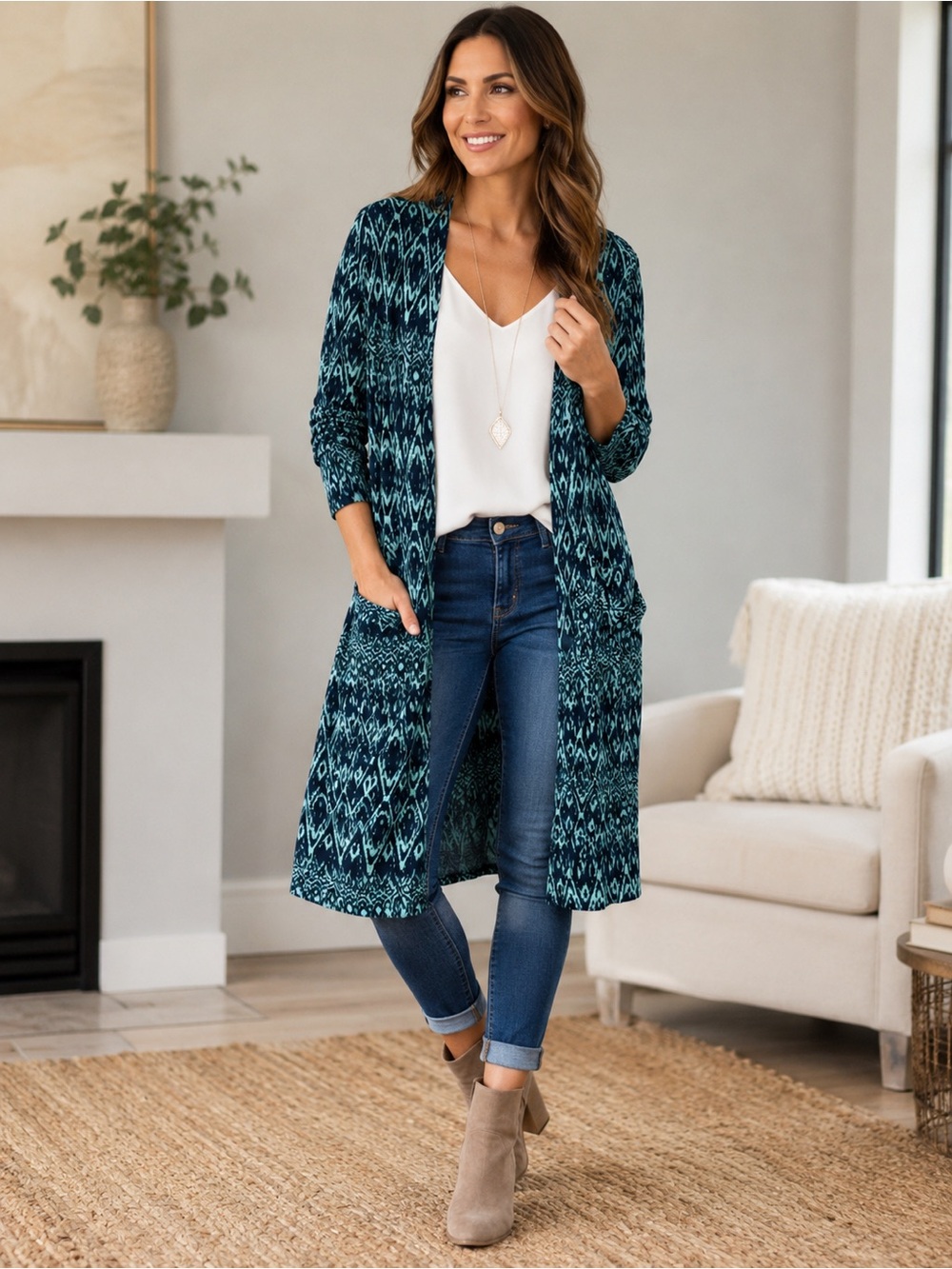 LuLaRoe Teal and Navy Open-Front Long Cardigan
